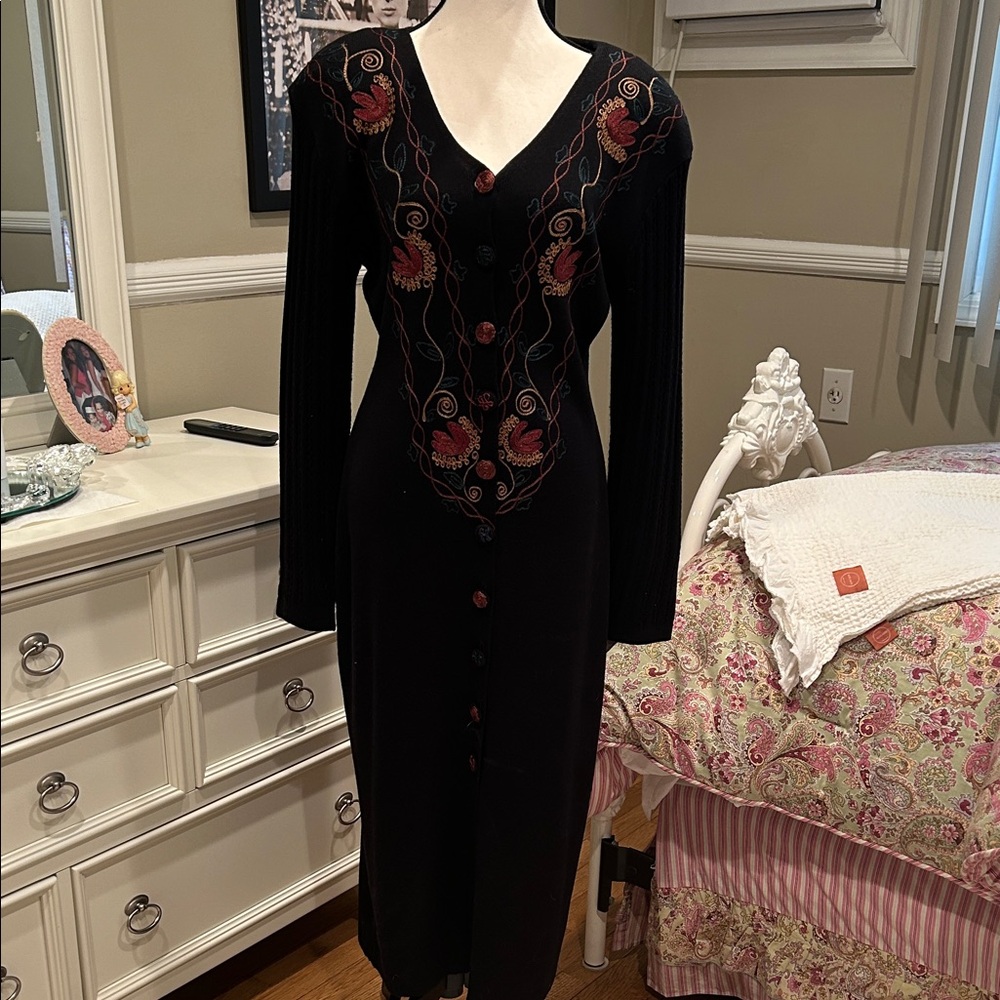 Carole Little Black Dress with Red Embroidery